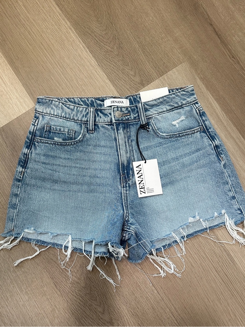 Zenana Outfitters Washed Light Blue High-Rise Frayed Denim Shorts